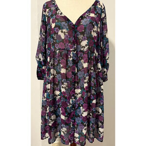 Torrid Skull Floral Chiffon Dress Size 2 Goth Dark Romantic Boho Empire